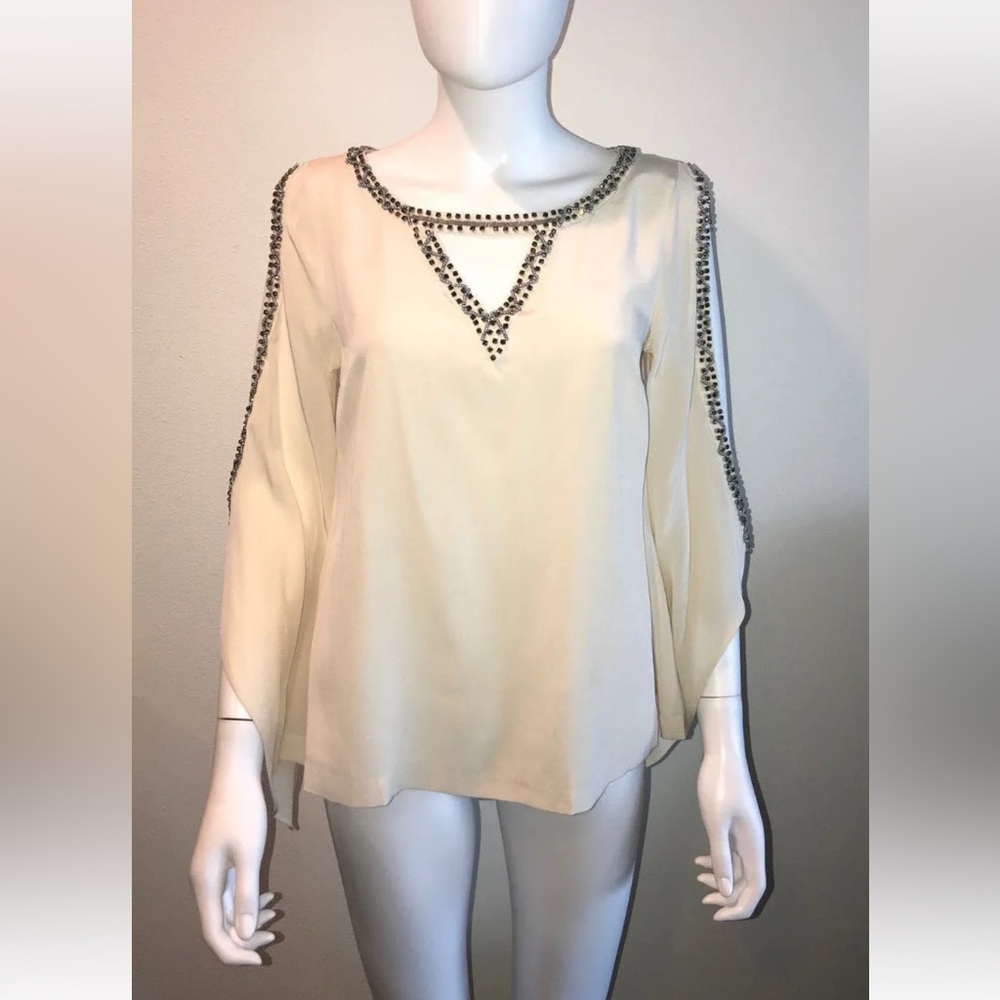 MADISON MARCUS ivory silk rhinestone open arm dressy cocktail blouse top S
